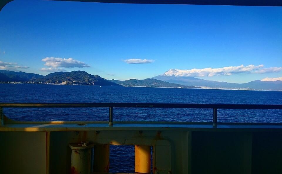 Mt. Fuji seen from the window of the Suruga Bay Ferry.